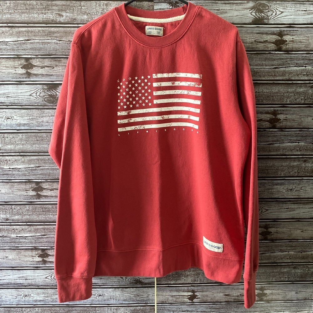 Life Is Good Men's Sweatshirt Sz L Long-Sleeved Pullover Red American Flag Logo